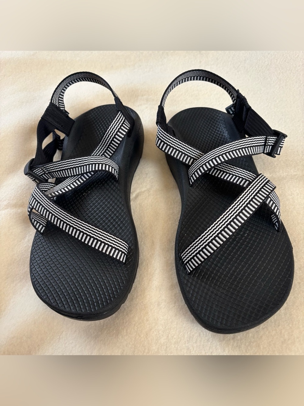 Chaco Black Women's Strappy Outdoor Sandals with White Stripe Detail Size W10